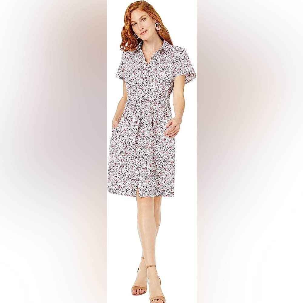 NWT Foxcroft Women's Vienna Short Sleeve Dress In White Floral Design, 12